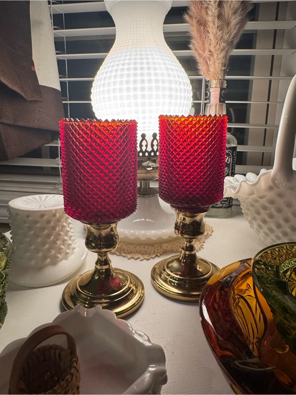 Vintage Faroy Amberina Diamond Point Brass Pedestal Votives